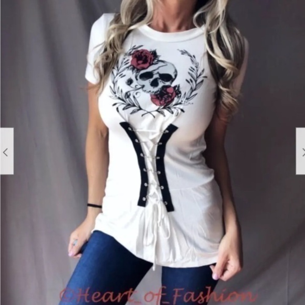 Women's Corset Lace Up Front Floral Skull Graphic Short Sleeve Biker Top Shirt S